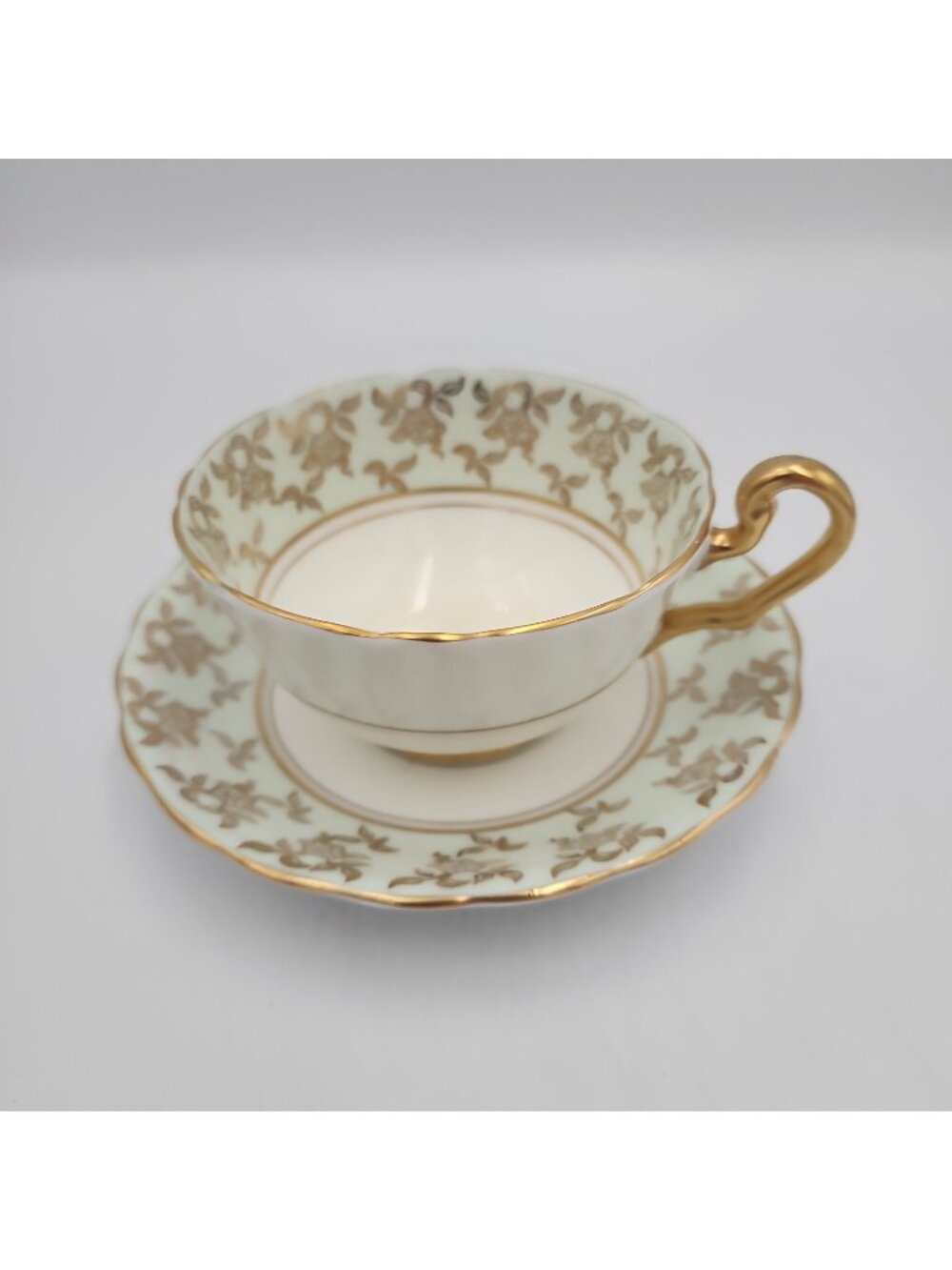 Victoria C & E Tea Cup & Saucer Green With Gold Trim Porcelain